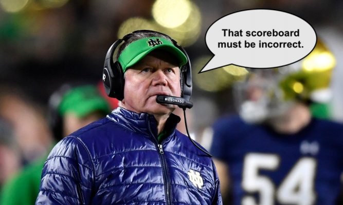 NCAA Football: Southern California at Notre Dame Oct 12, 2019; South Bend, IN, USA; Notre Dame Fighting Irish head coach Brian Kelly looks on in the second half against the USC Trojans at Notre Dame Stadium. Mandatory Credit: Quinn Harris-USA TODAY Sports